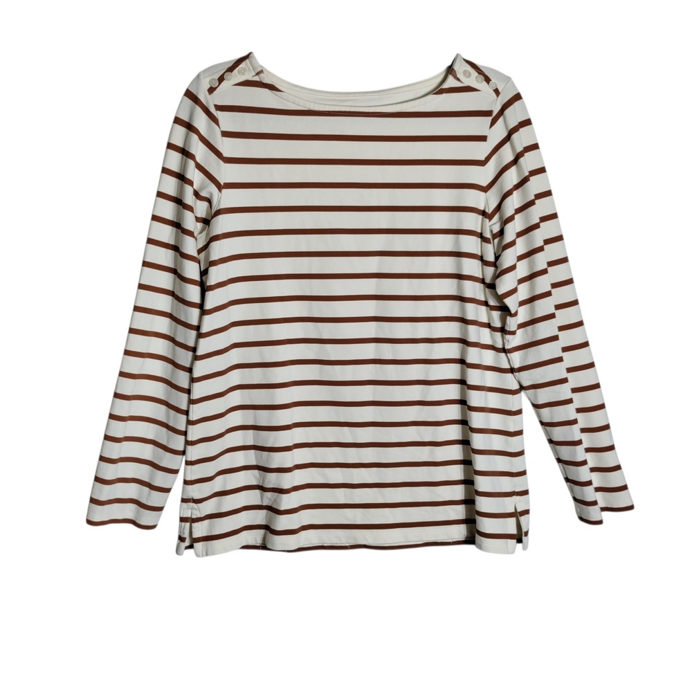Spartina 449 Womens Medium Brown White Striped Boat Neck Long Sleeve Top Button